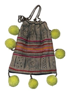 GAIA X J Crew Embroidered Drawstring Mini Bag with Neon Yellow Pom-Poms